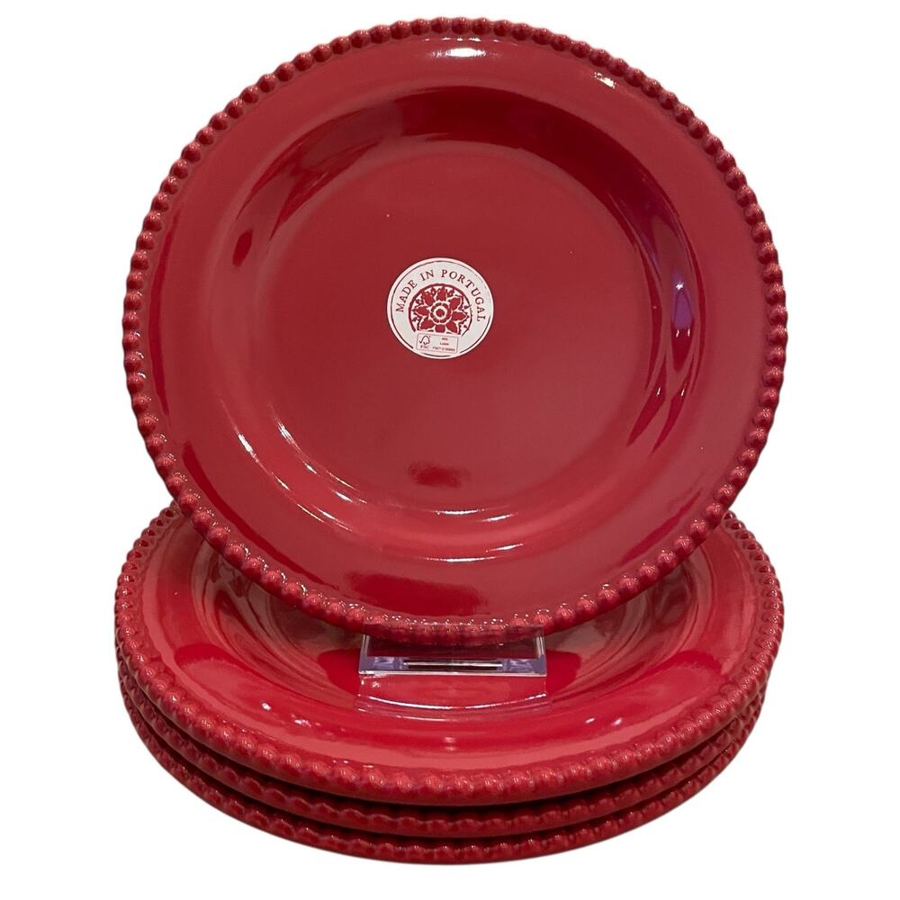 MATCERAMICA Portugal Red Salad Plates 9in Set of 4 Ceramic Beaded Edge NEW